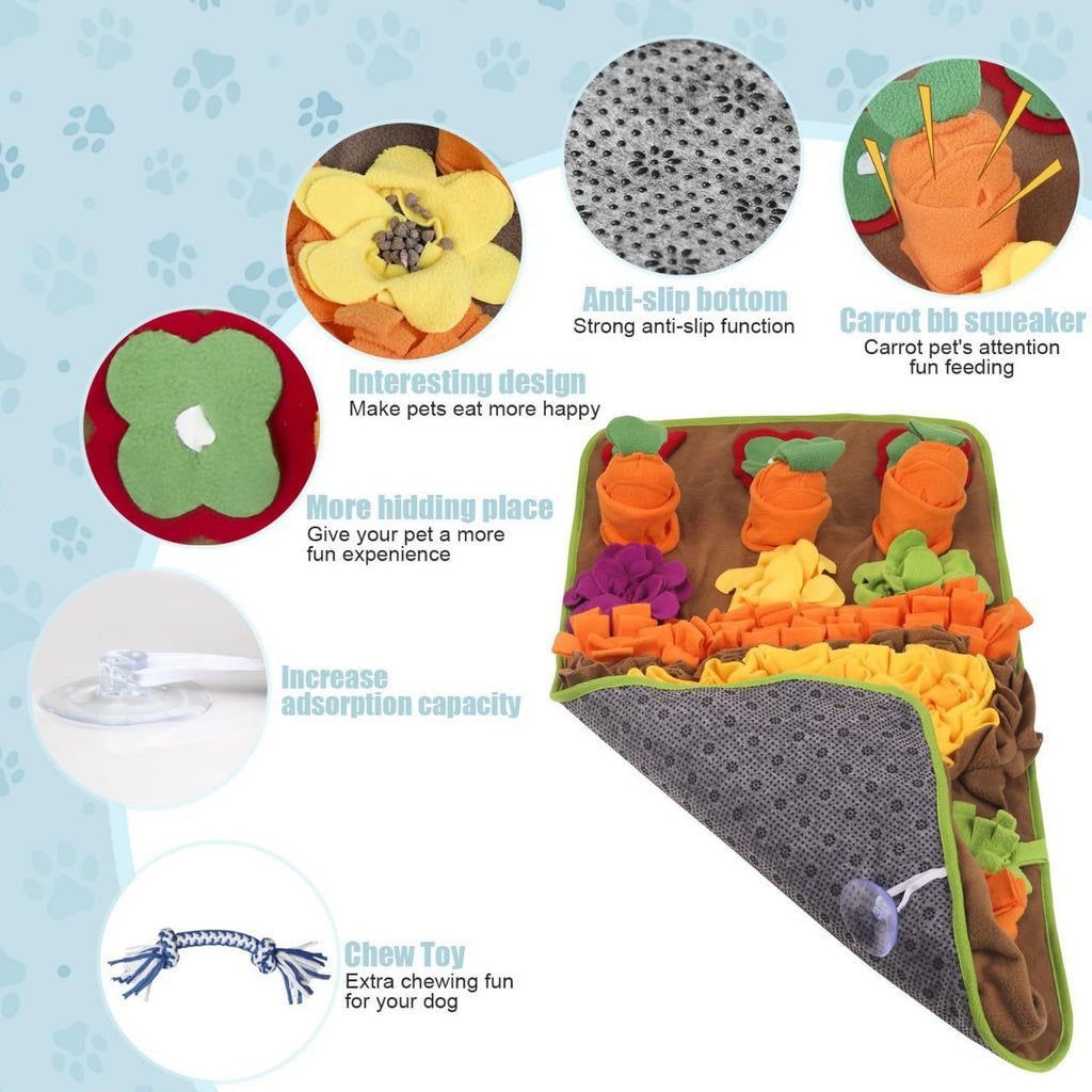 Snuffle mat details: hiding pockets, carrot squeaker, non-slip dotted base, suction cups